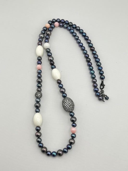 925 Sterling Silver Ross Simons Iridescent Gray And pinK Pearl With Rhinestone Accent Necklace
