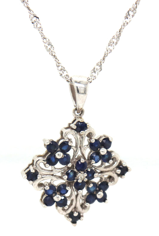 10kt White gold blue sapphire pendant on rope chain necklace