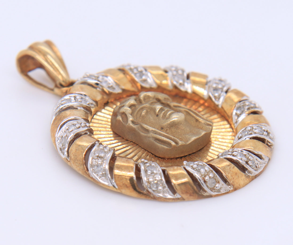 Elegant Yellow Gold Jesus Medallian Pendant with Diamond Trim