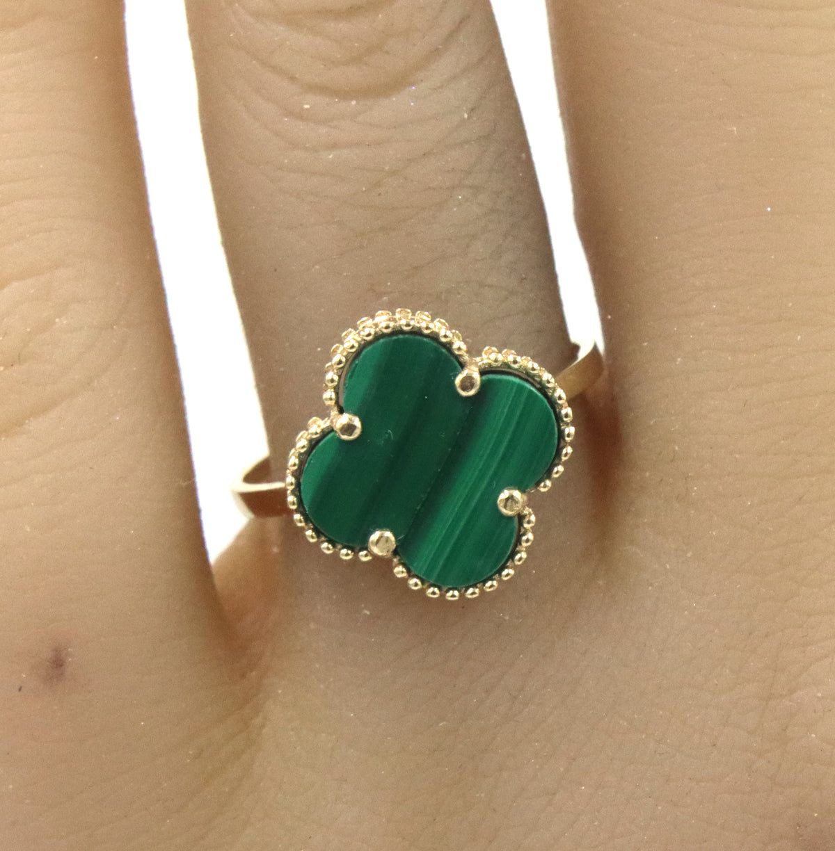 14kt Yellow gold Malachite clover ring