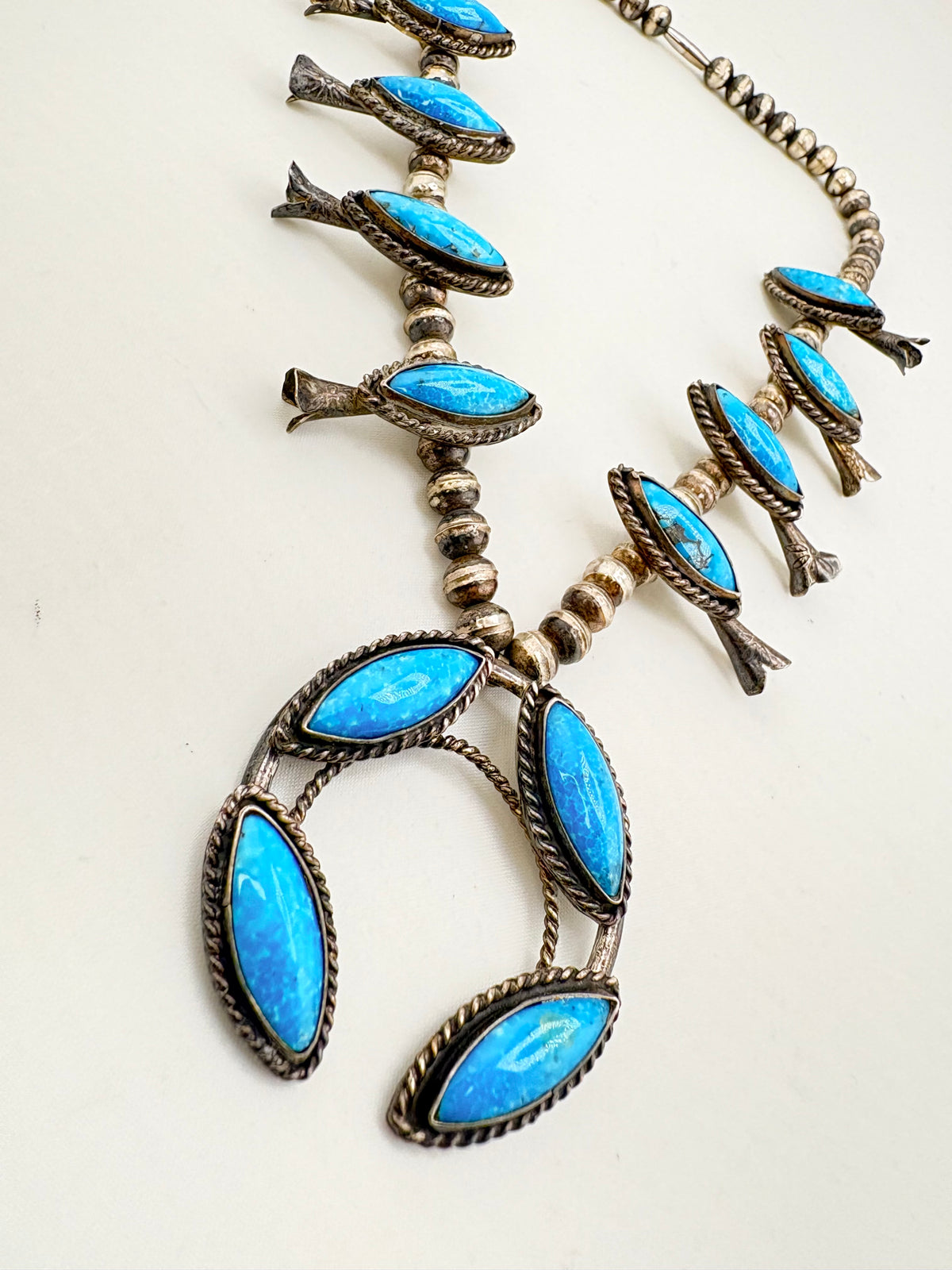 925 Sterling Silver Vintage Native American Turquoise Squash Blossom Necklace With Central Naja Pend