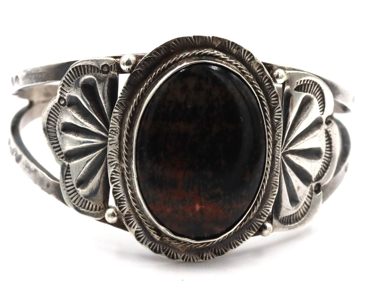 925 Sterling Silver Vintage Native American Navajo Pertified Wood Center Piece Cuff Bracelet
