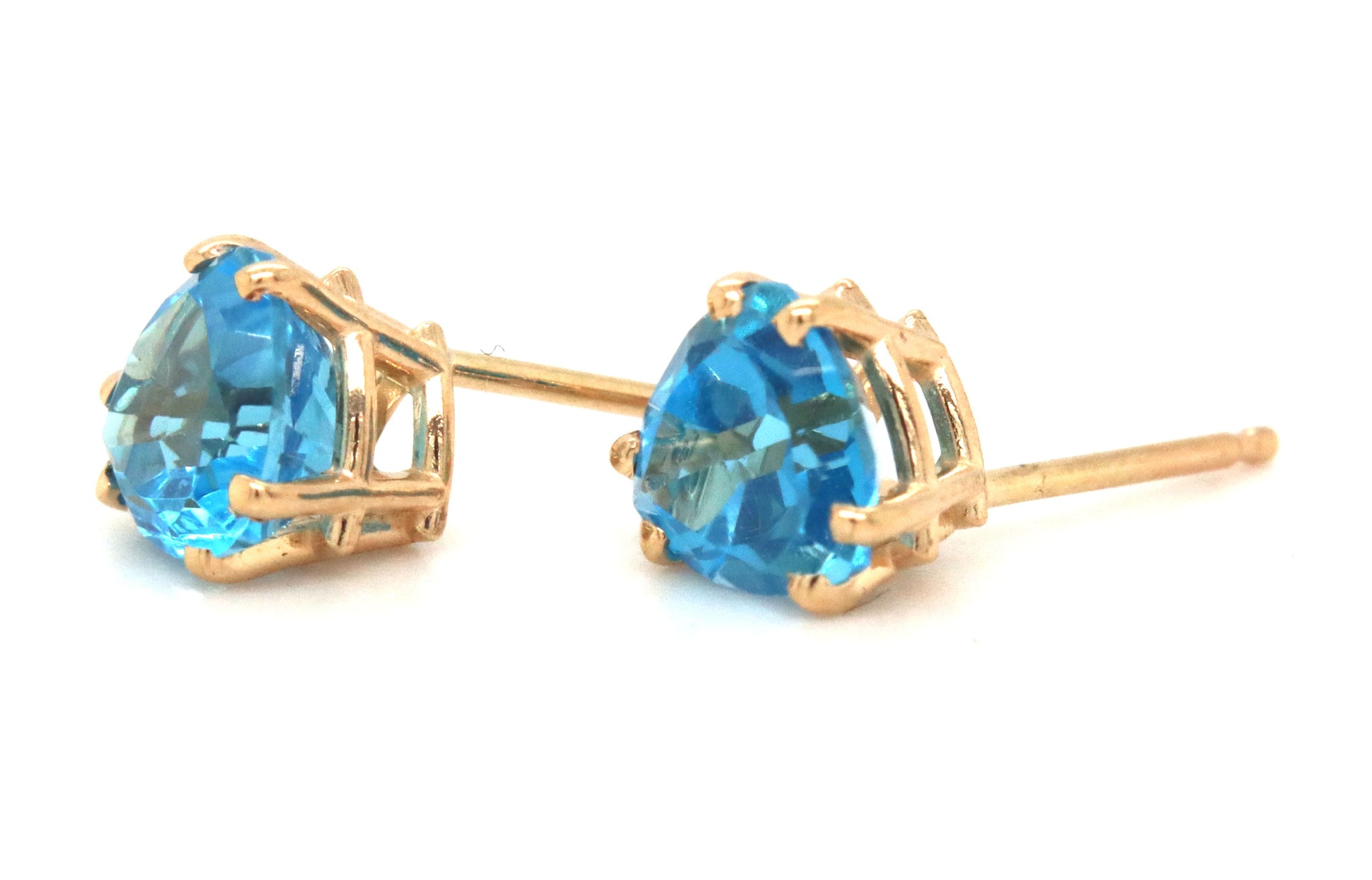 14kt Yellow gold Trillion cut Swiss blue topaz stud earrings