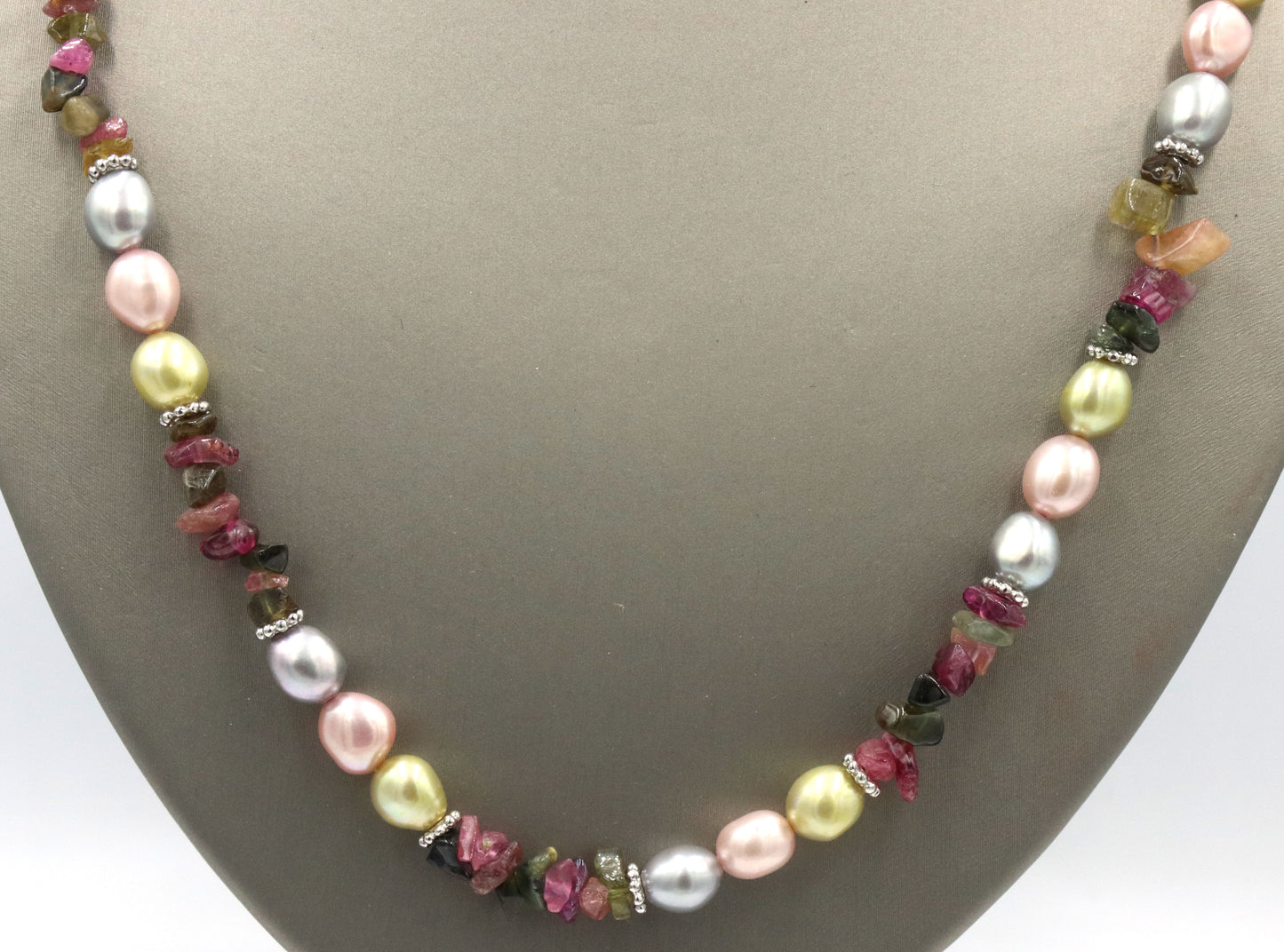 Multi color pearl strand necklace with silver clasp