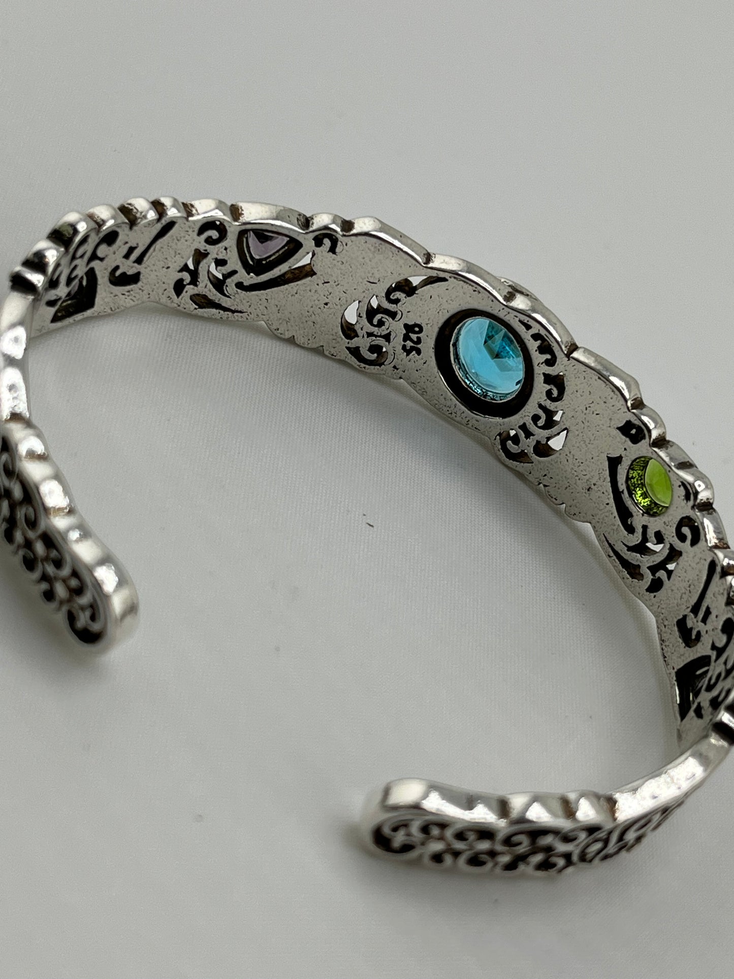 925 Sterling Silver Filigree Design Multi Volor Gemstone Cuff Bracelet