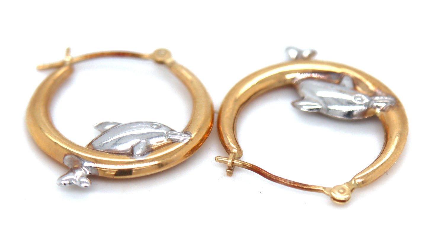 Set of 14kt Yellow gold Dolphin hoop earrings and matching pendant