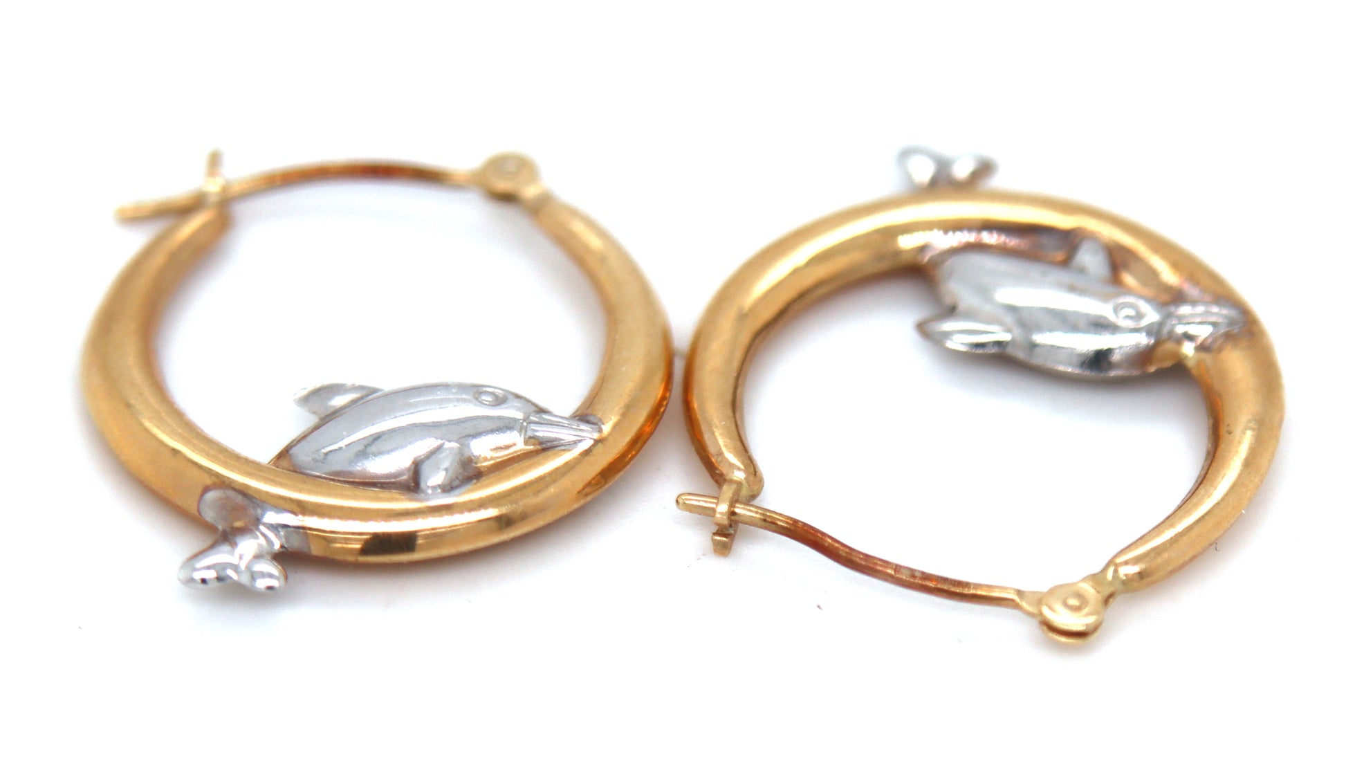 Set of 14kt Yellow gold Dolphin hoop earrings and matching pendant