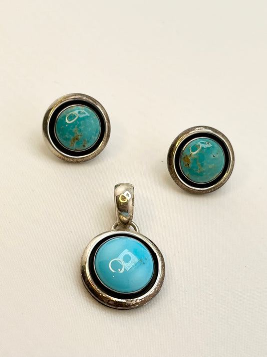 925 Sterling Silver Signed Artie Yellowhorse Turquoise Set Of Earrings And Pendant