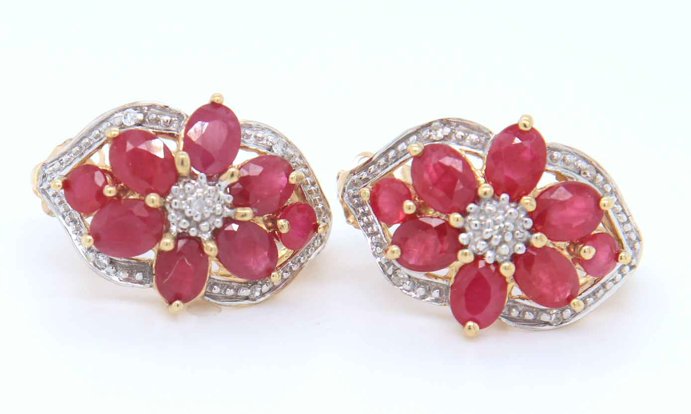 10KT Yellow Gold Flower Cluster Ruby Earrings