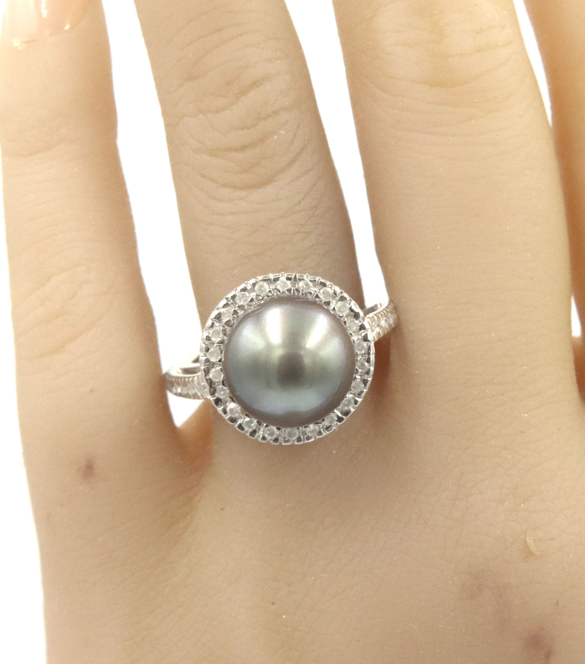 14kt White Gold Grey Tahitian Pearl and Diamond Halo Ring