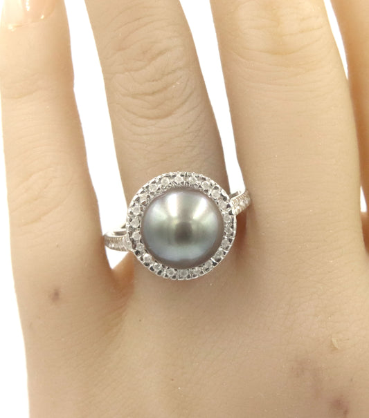 14kt White Gold Grey Tahitian Pearl and Diamond Halo Ring