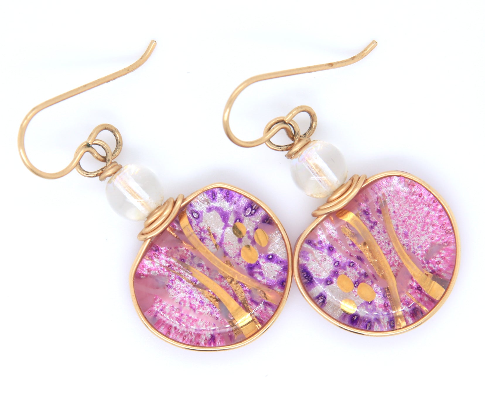 Beautiful Yellow Gold Pink Glass Dangle Earrings