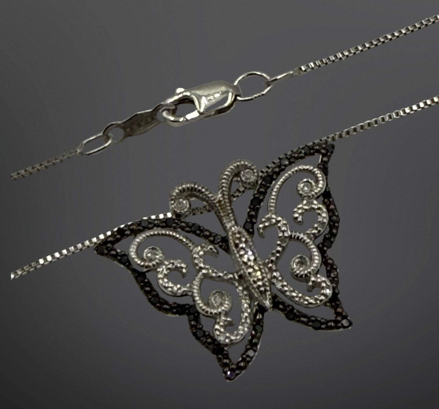 925 Sterling silver black and white diamond butterfly pendant on chain