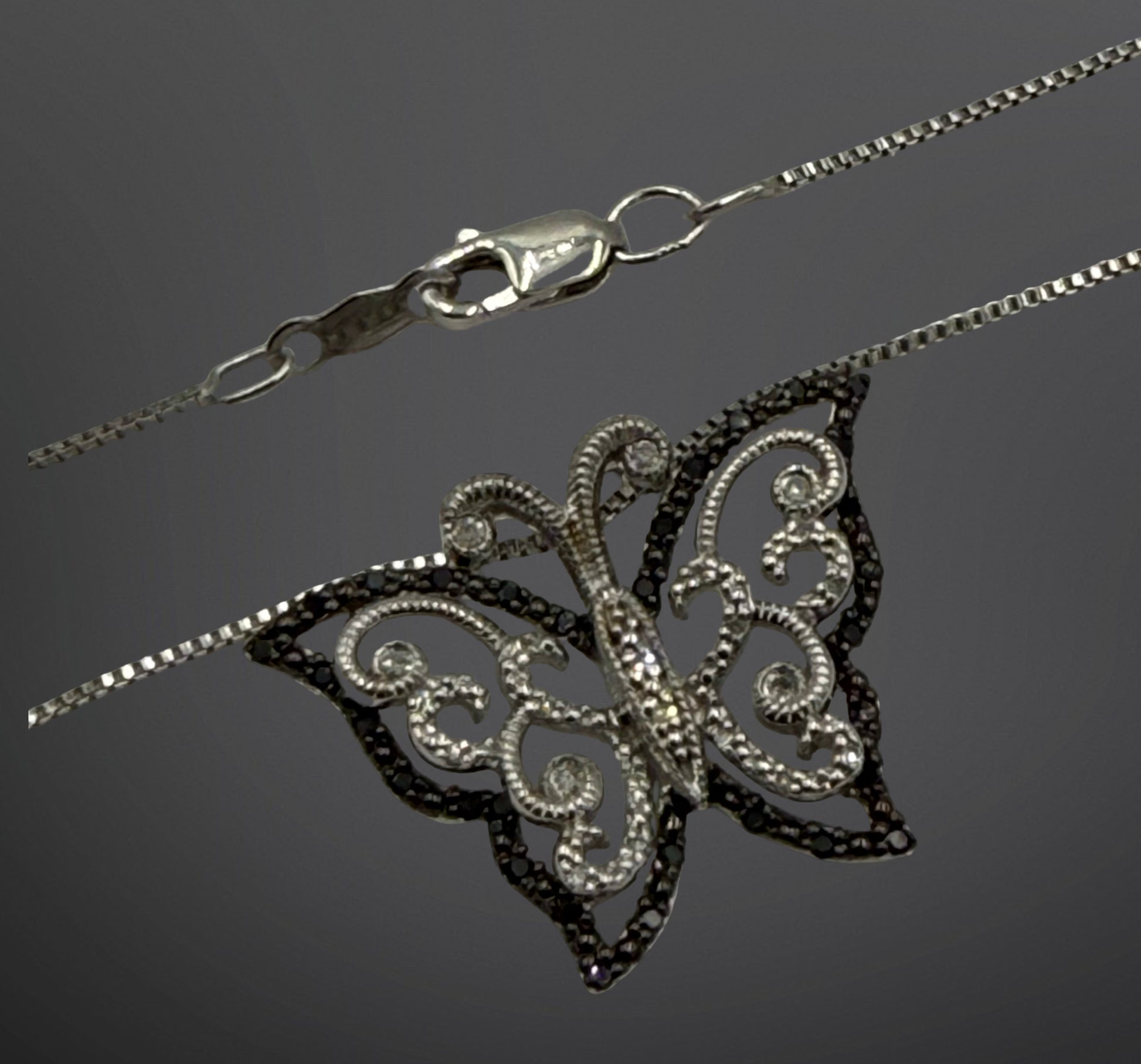 925 Sterling silver black and white diamond butterfly pendant on chain