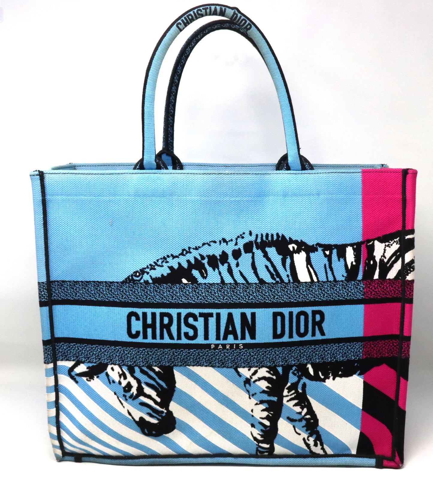 Christian Dior medium D jungle pop book tote blue canvas body bag with rolled top handles