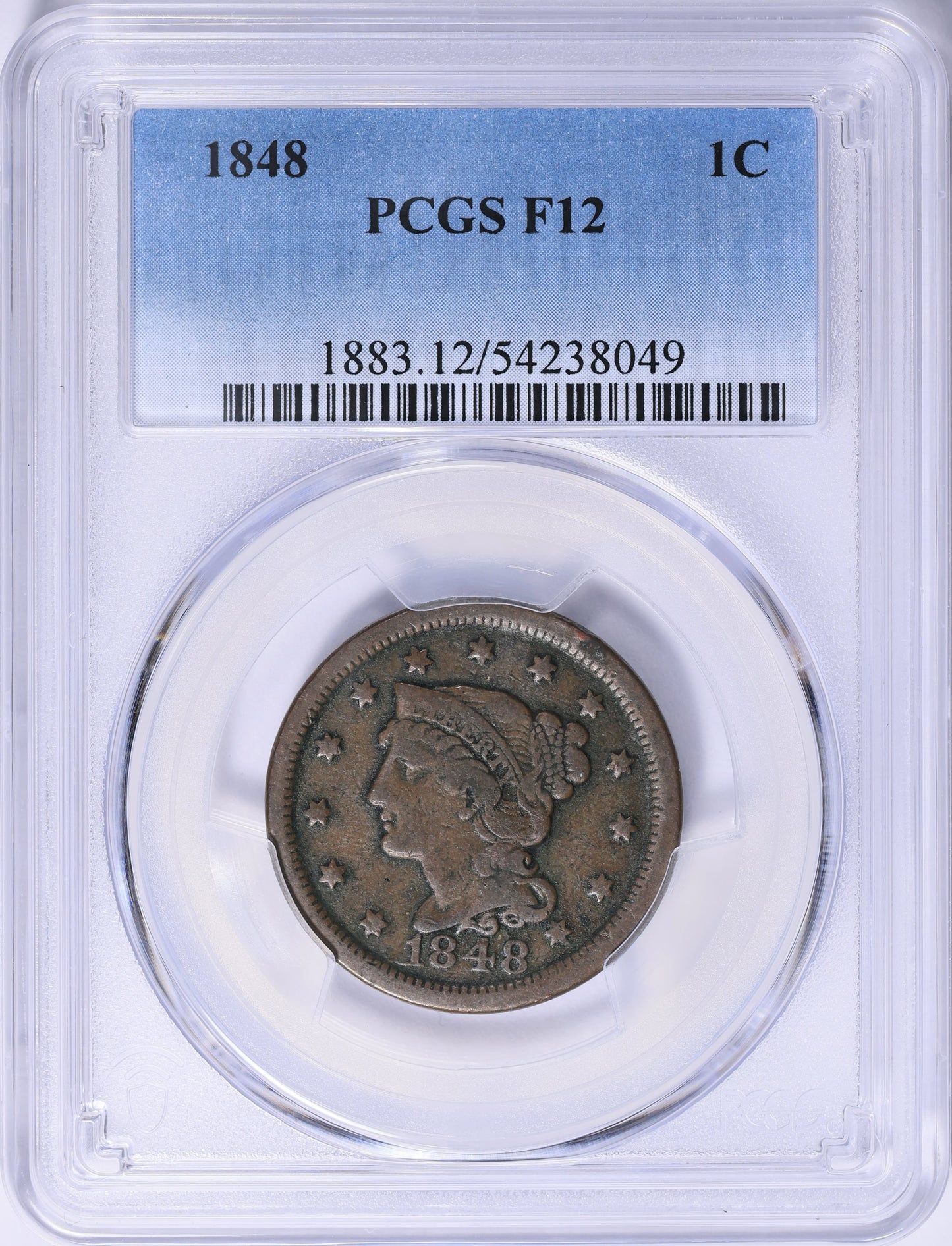 1848 Braided Hair Large Cent PCGS F-12 BN Solid Collector Grade Early Copper