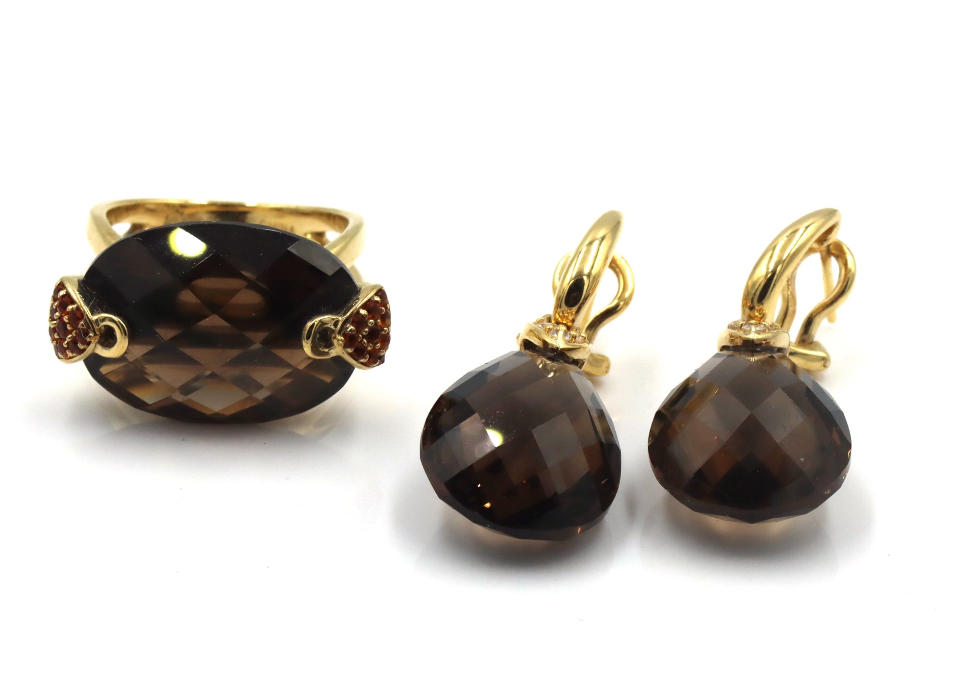 Set of 925 sterling silver smokey quartz dangle earrings and matching ring