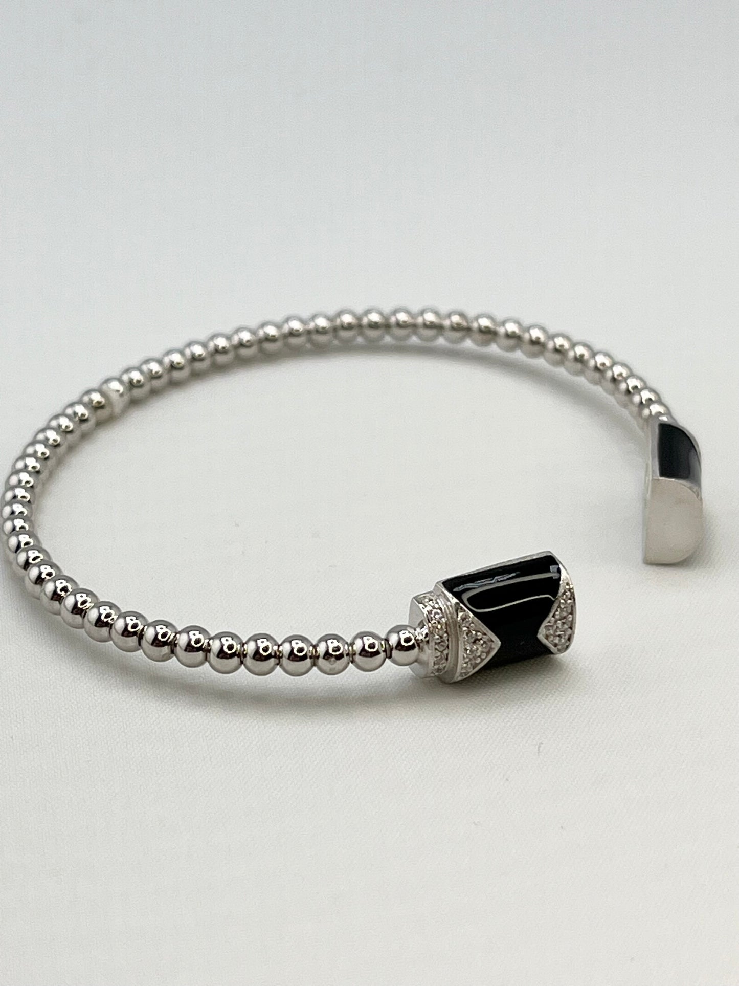 925 Sterling Silver Beaded Bar Black Onyx and Crystal Open Bangle