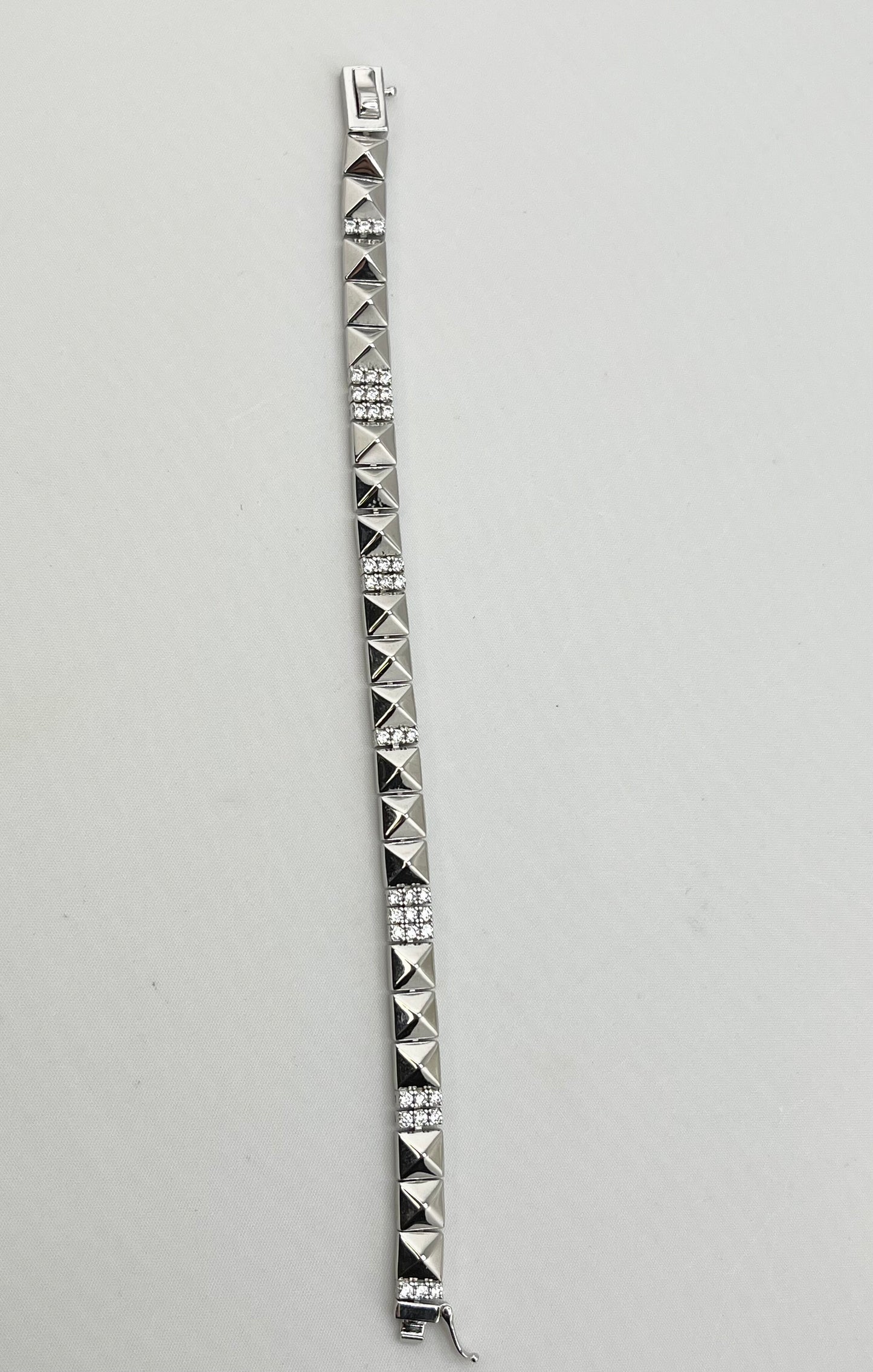 925 Sterling Silver Alternative Polished Pyramid link With Crystal Pave Bracelet