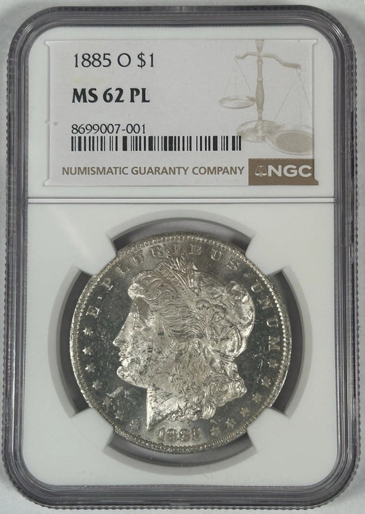 1885-O Morgan Silver Dollar $1 NGC MS62 PL Proof-Like New Orleans Mint
