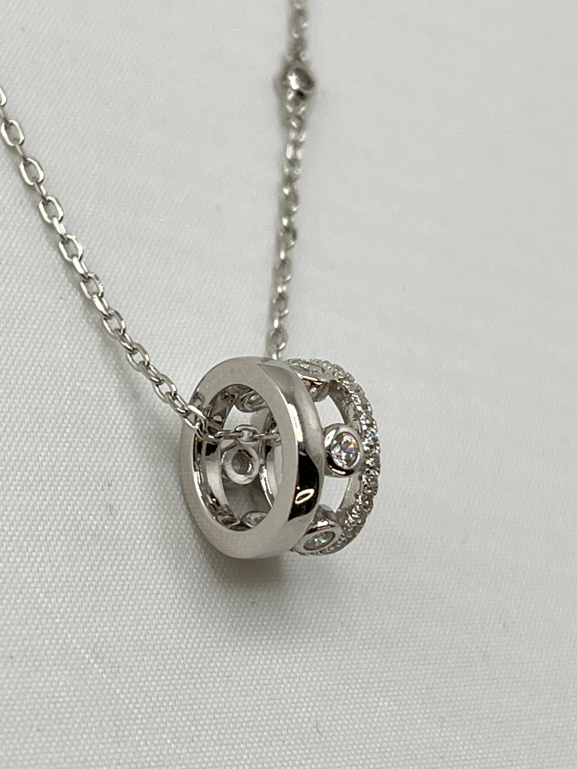 925 Sterling Silver Interlocking Circle With CZ Details Pendant And CZ Station Chain Necklace