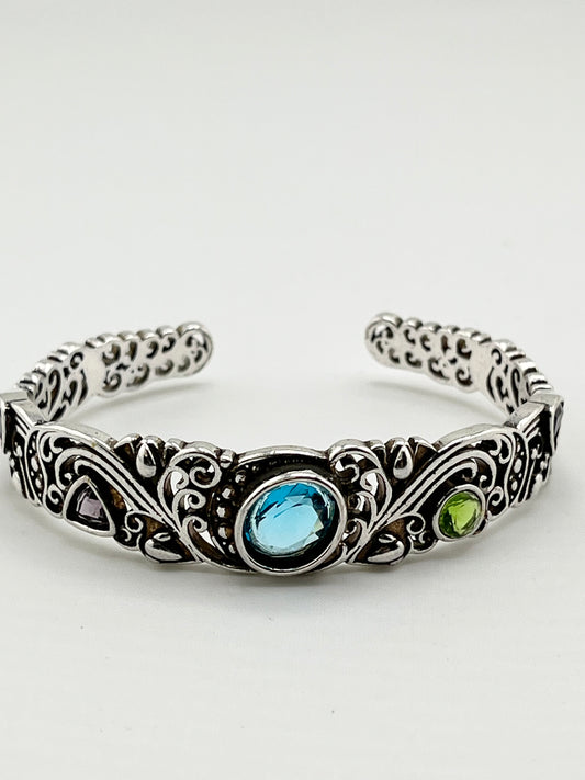 925 Sterling Silver Filigree Design Multi Volor Gemstone Cuff Bracelet