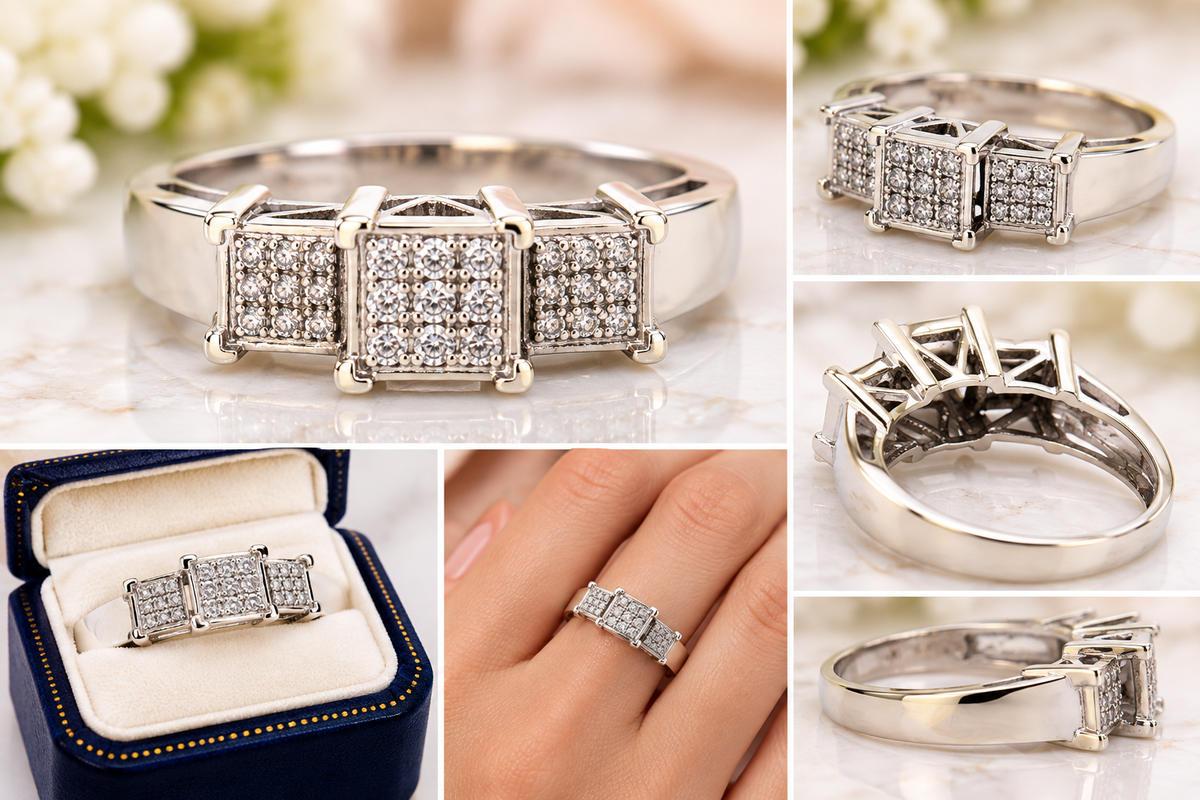 Dazzling 14KT White Gold Diamond Pave Three Setting Ring
