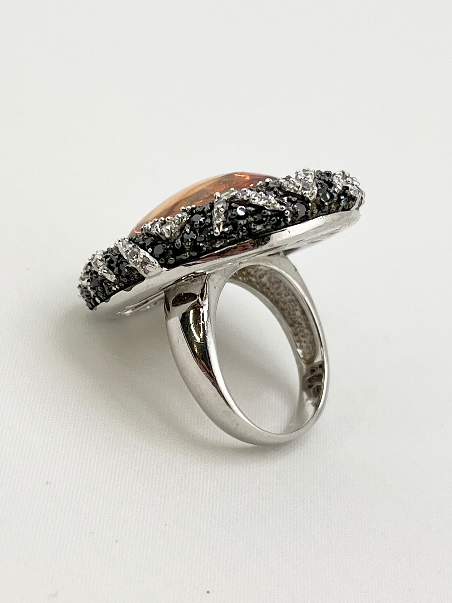 925 Sterling Silver Large Oval Amber Color Stone With Halo And Intricate Black and White Crystal Pav