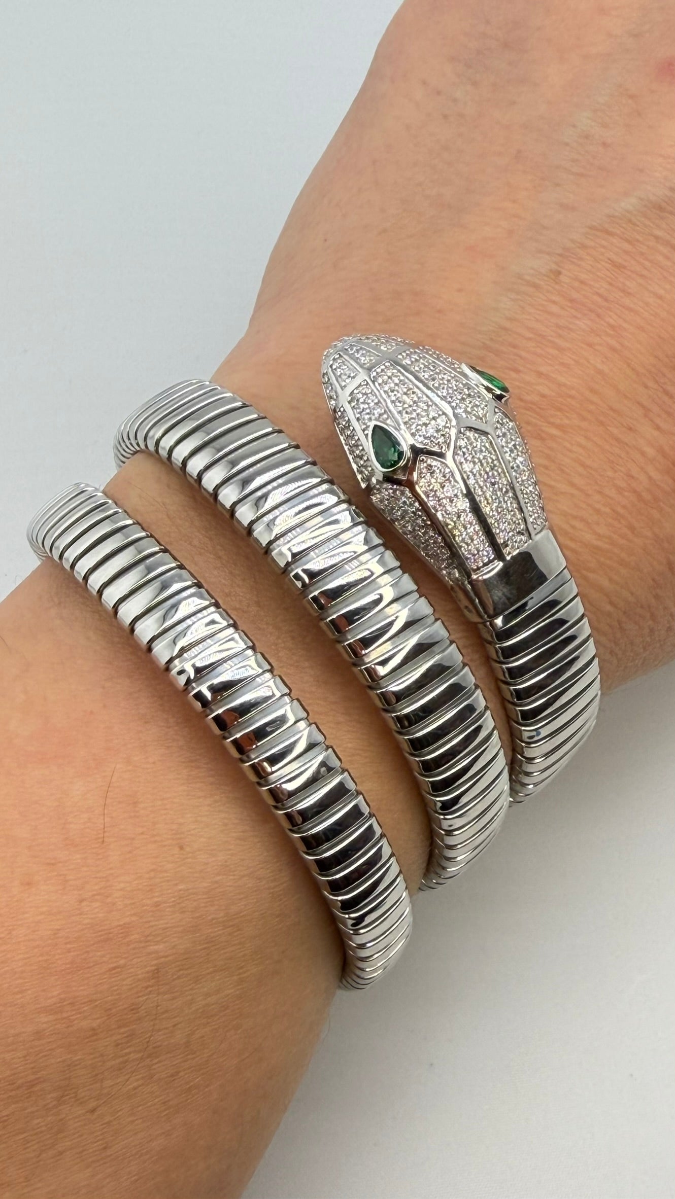 925 Sterling Silver And Stainless Steel Crystal Triple Wrap Snake Bracelet