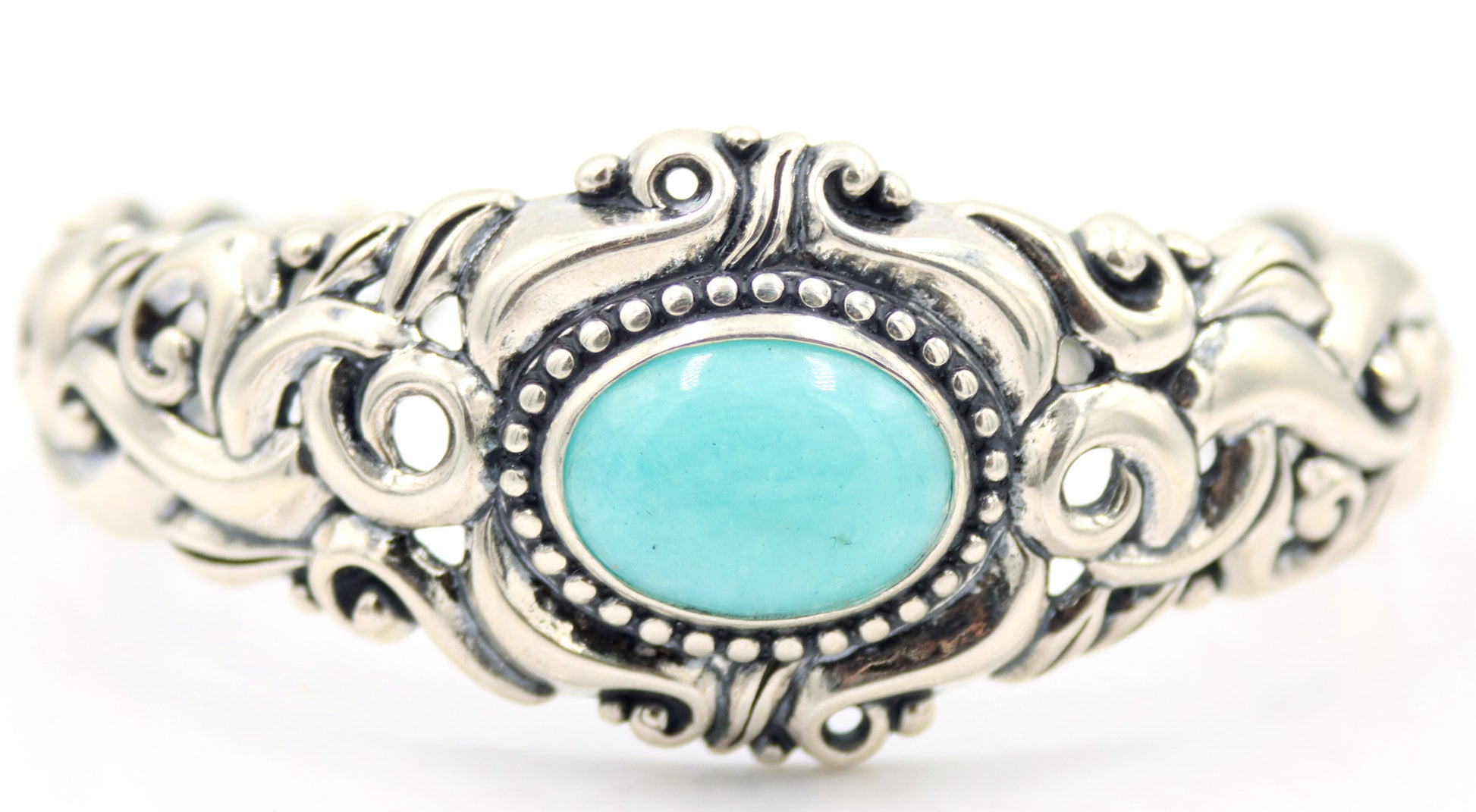 925 Sterling Silver Ornate Beatiful Filigree With Large Oval Turquoise Center Cuff Bracelet