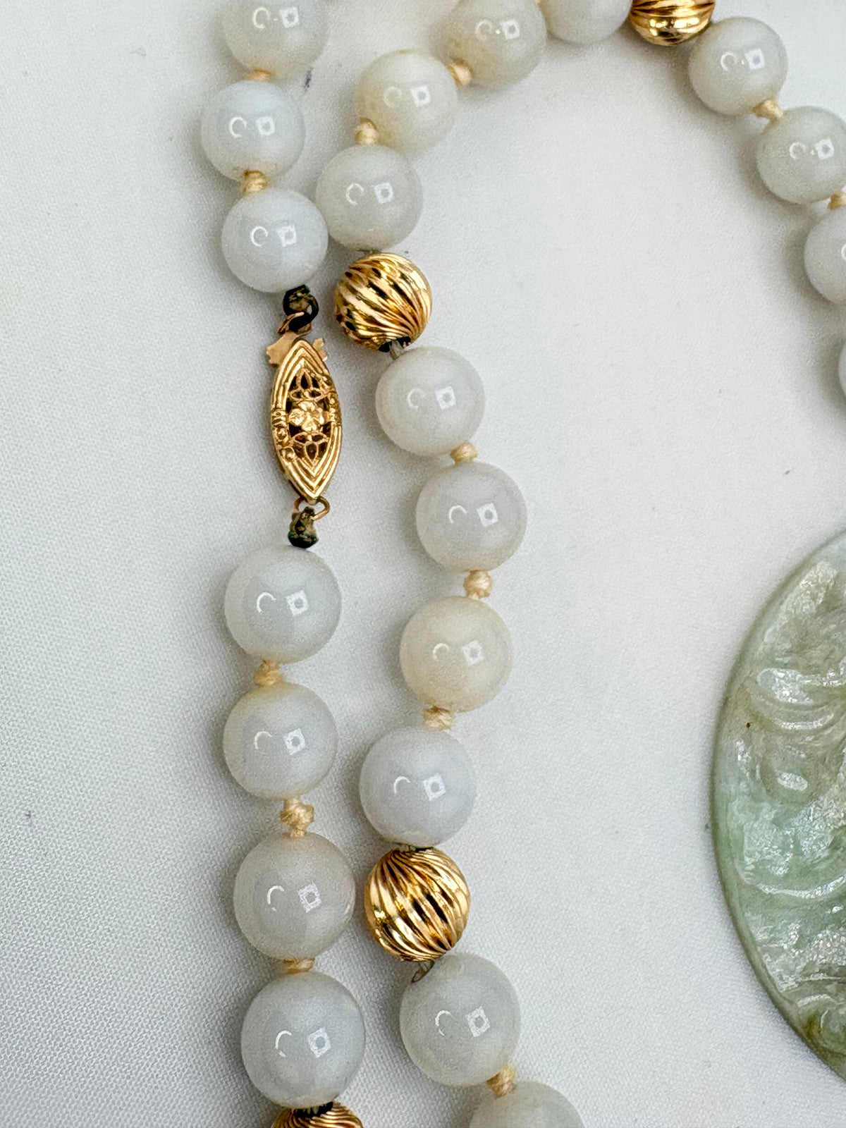 14KT Yellow Gold Vintage Light Green  Jade Accented With Textured Gold Balls Spacer And a Large Disk