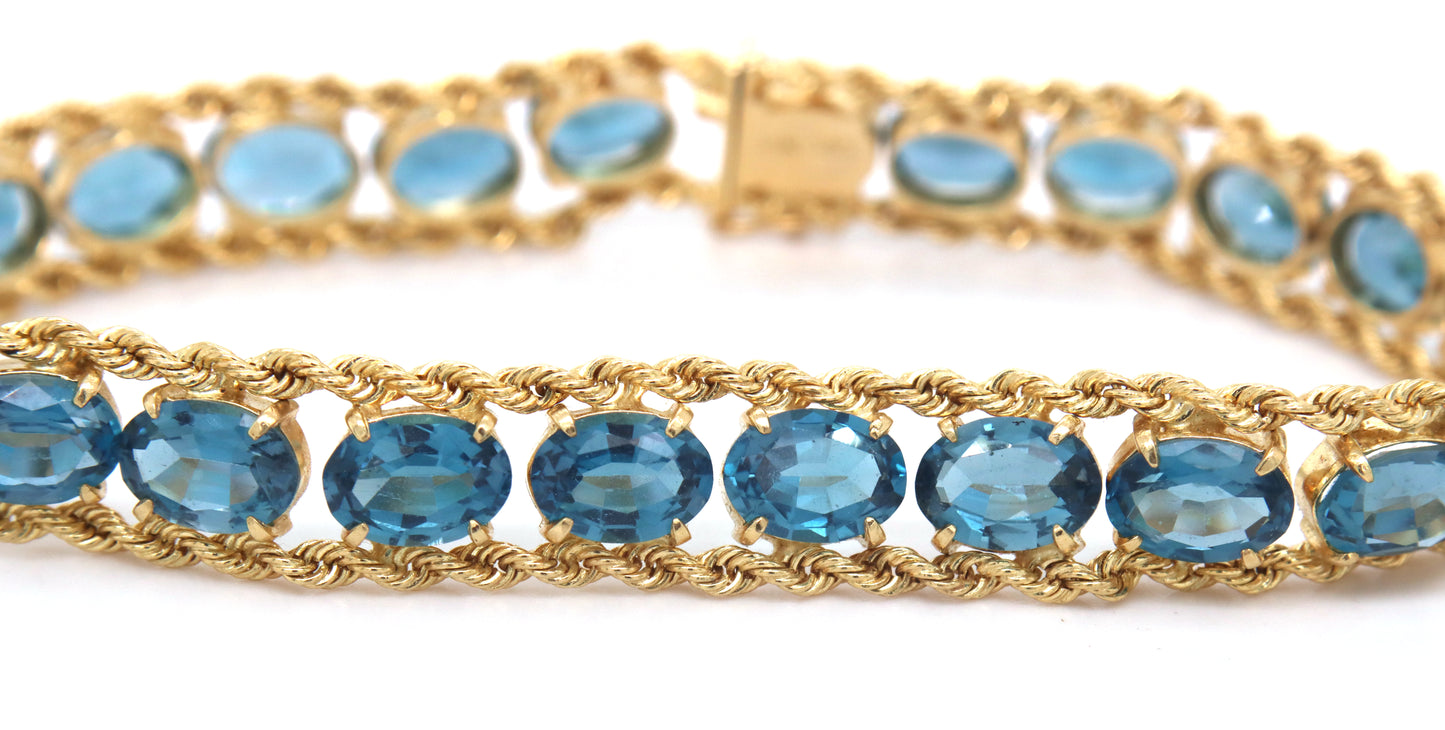 14kt Yellow gold blue topaz link rope bracelet