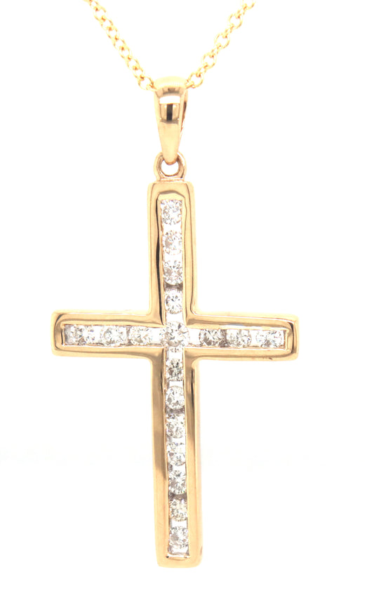 14kt Yellow gold 0.30ctw channel set diamond cross pendant on chain