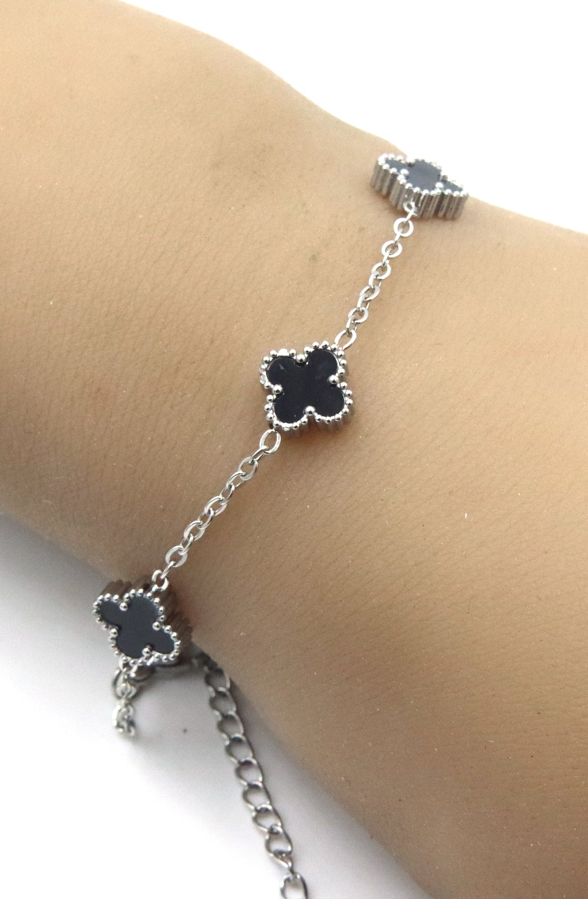 Stainless steel black clover station bracelet