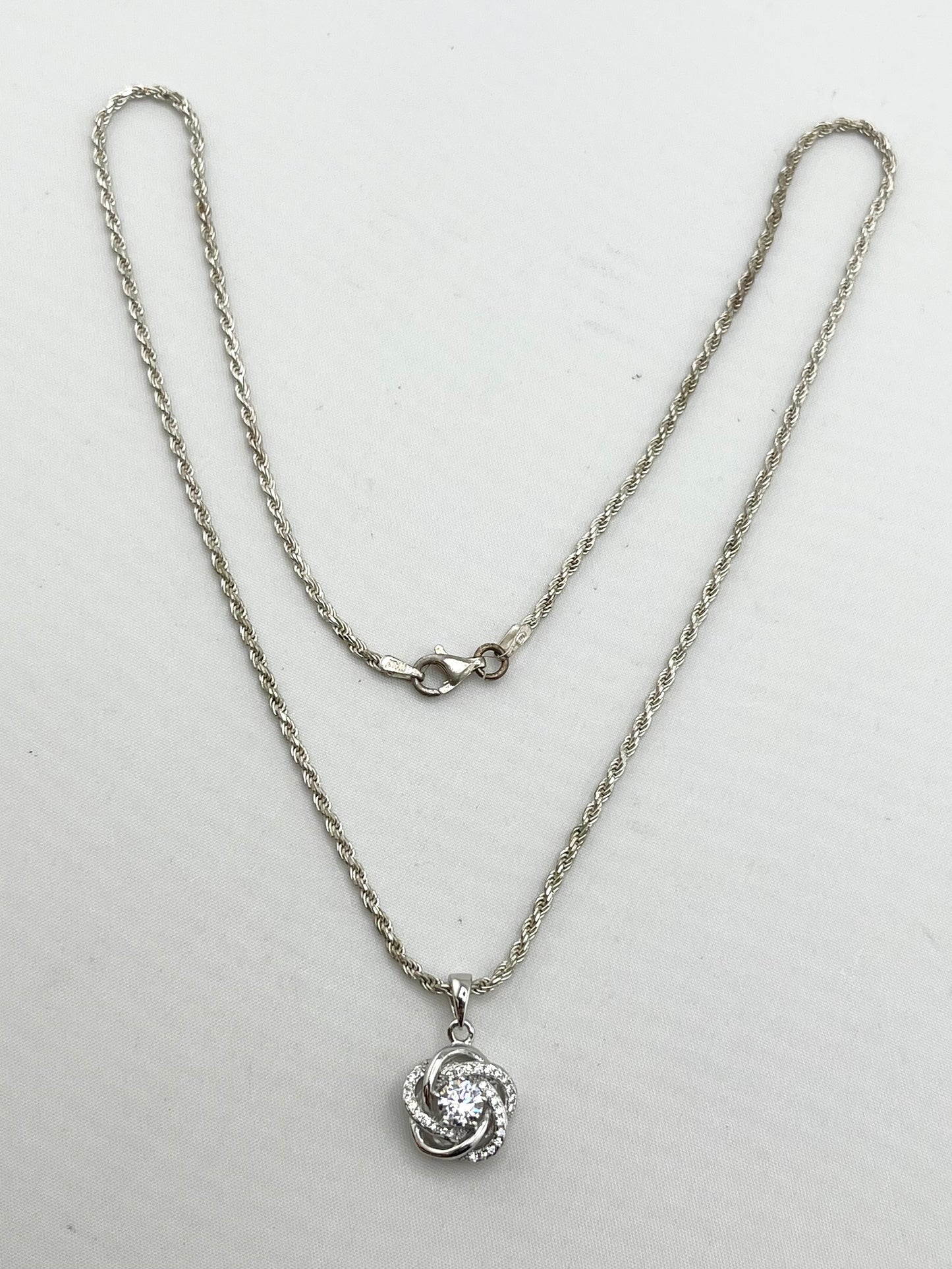 Italian 925 Sterling Silver Infinity Love Knot CZ Pendant with Rope Chain Necklace