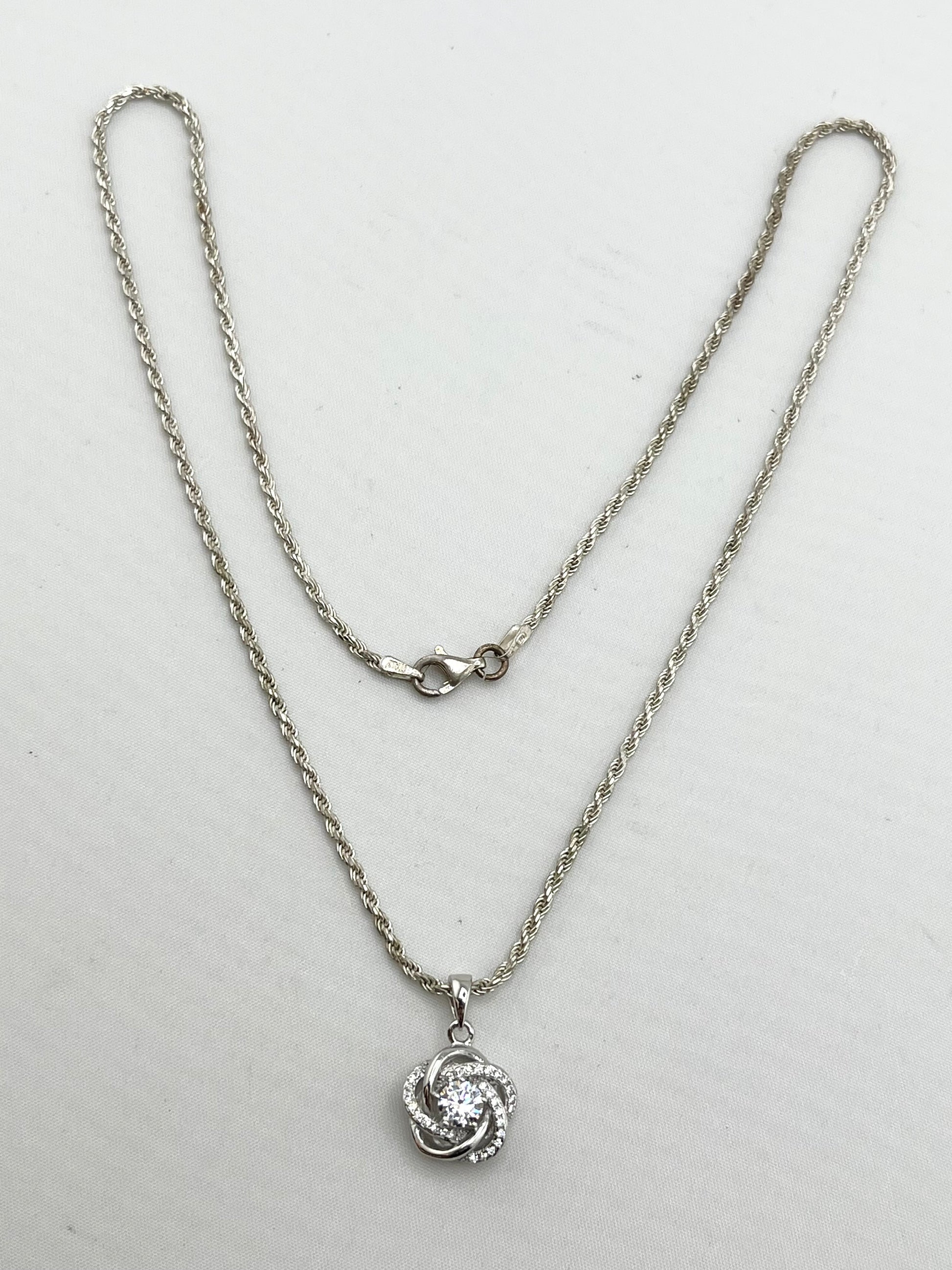 Italian 925 Sterling Silver Infinity Love Knot CZ Pendant with Rope Chain Necklace