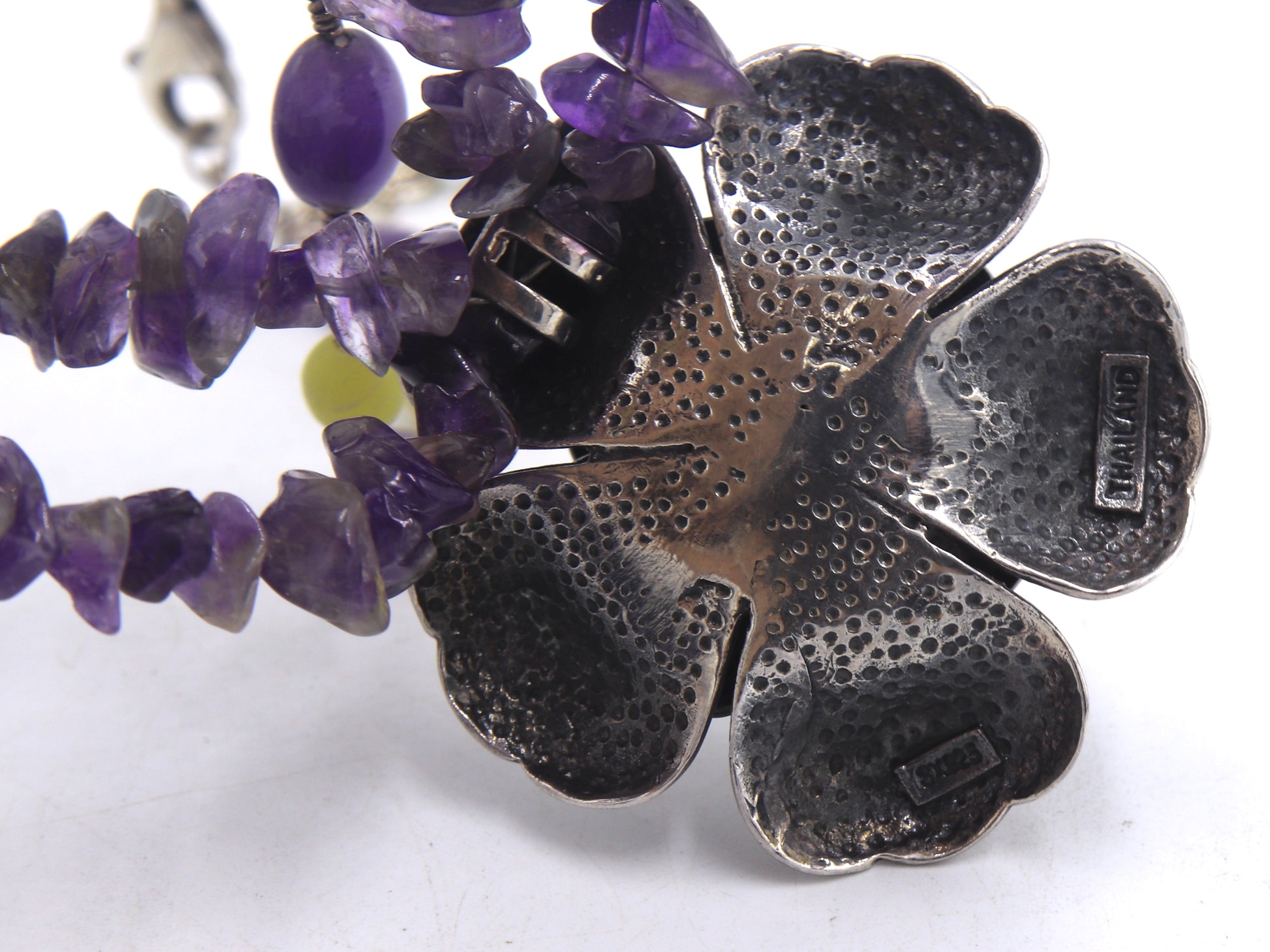 Vintage 925 sterling silver signed Flower pendant on Amethyst beaded necklace