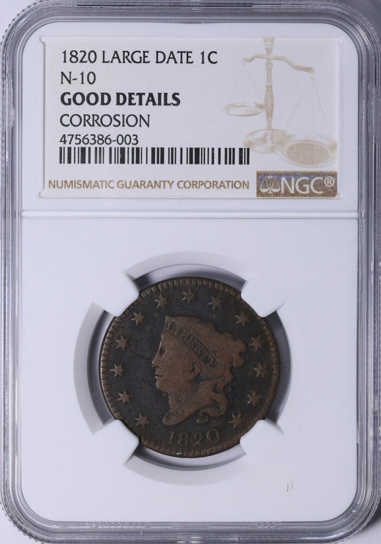 1820 Matron Head Large Cent N-10 (Large Date) – NGC Certified Brown (BN) – Early U.S. Copper