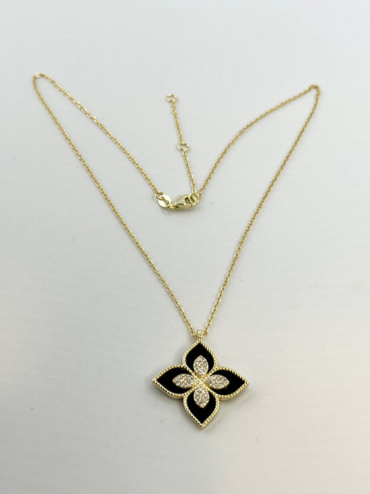 925 Sterling Silver Gold Tone Flower Princess Black Onyx With Crystal Accent Pendant