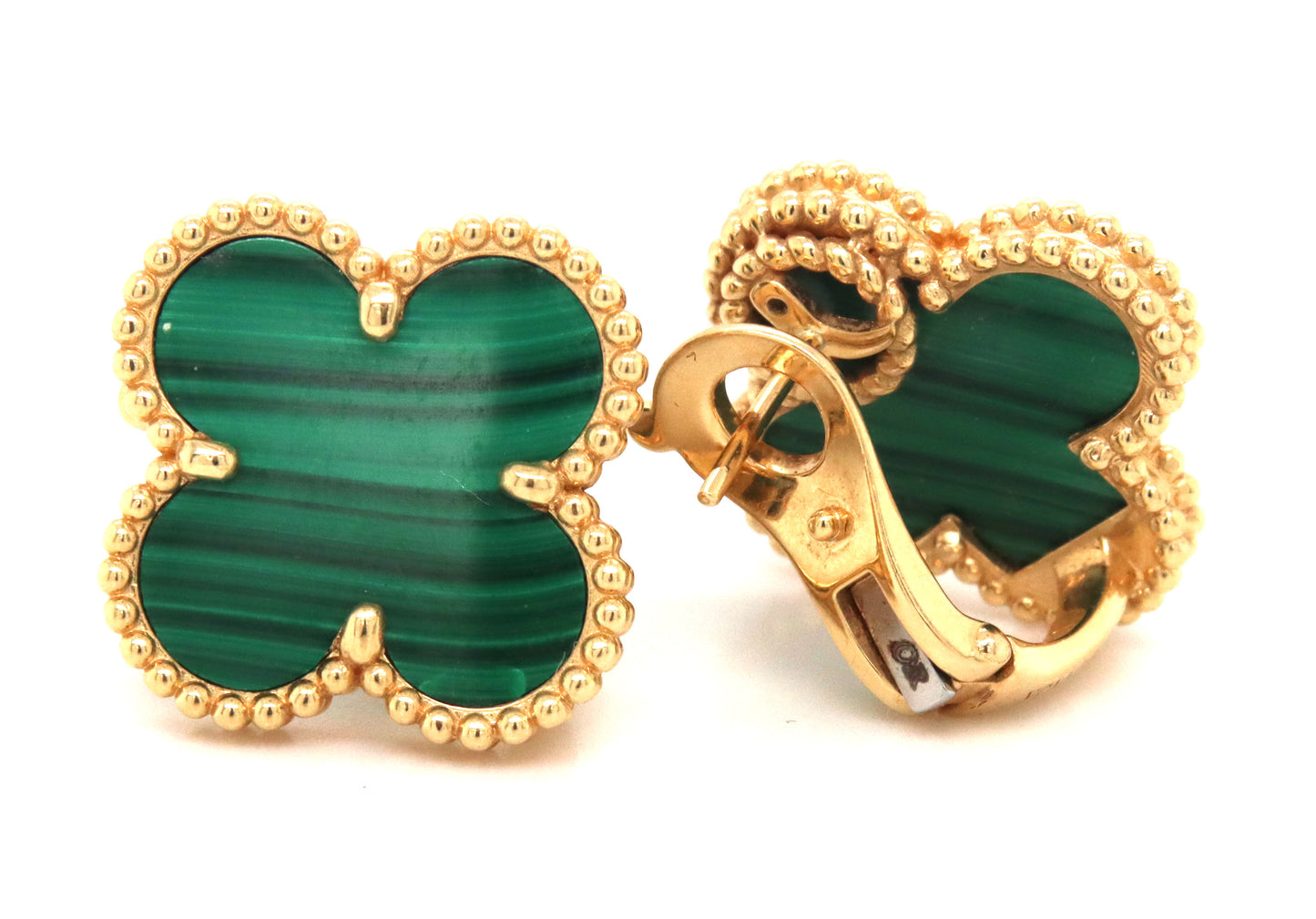18KT Yellow Gold Stunning Green Malachite large Clover Stud Earrings