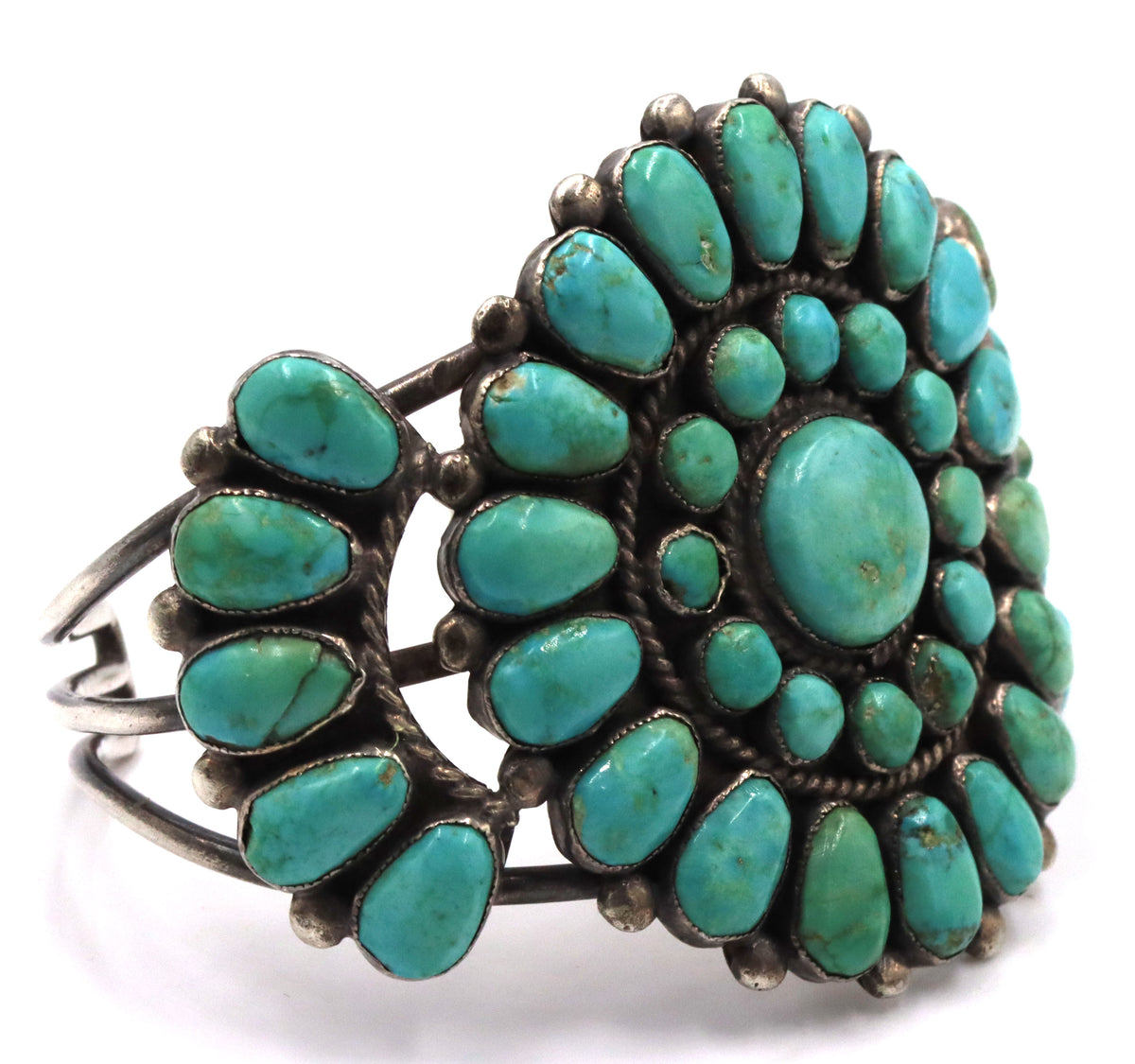 925 Sterling Silver Vintage Natiove American Natrural Turquoise Cluster Cuff Bracelet Featuring a La