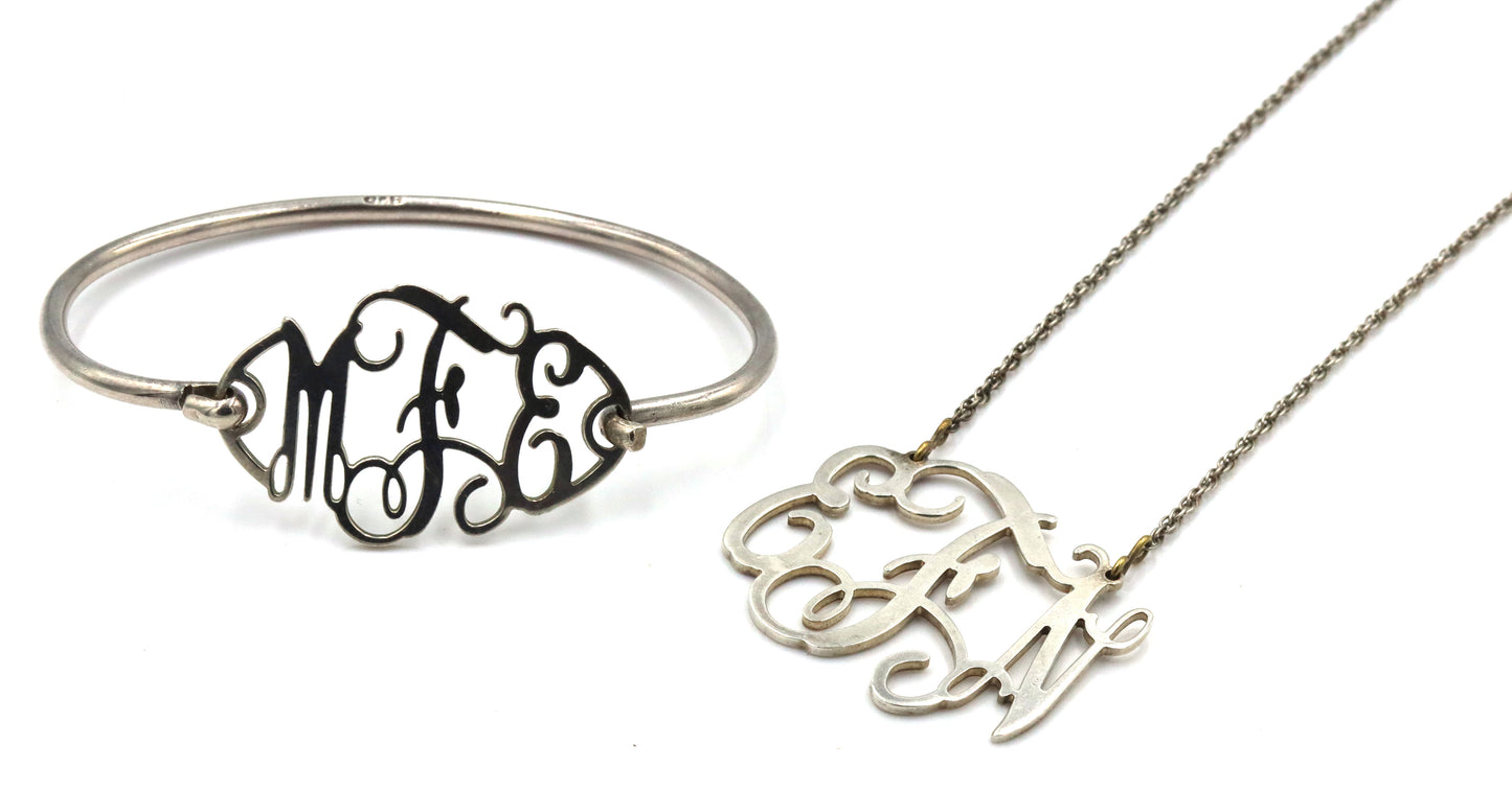 Set of 925 sterling silver Initial cuff bangle and necklace