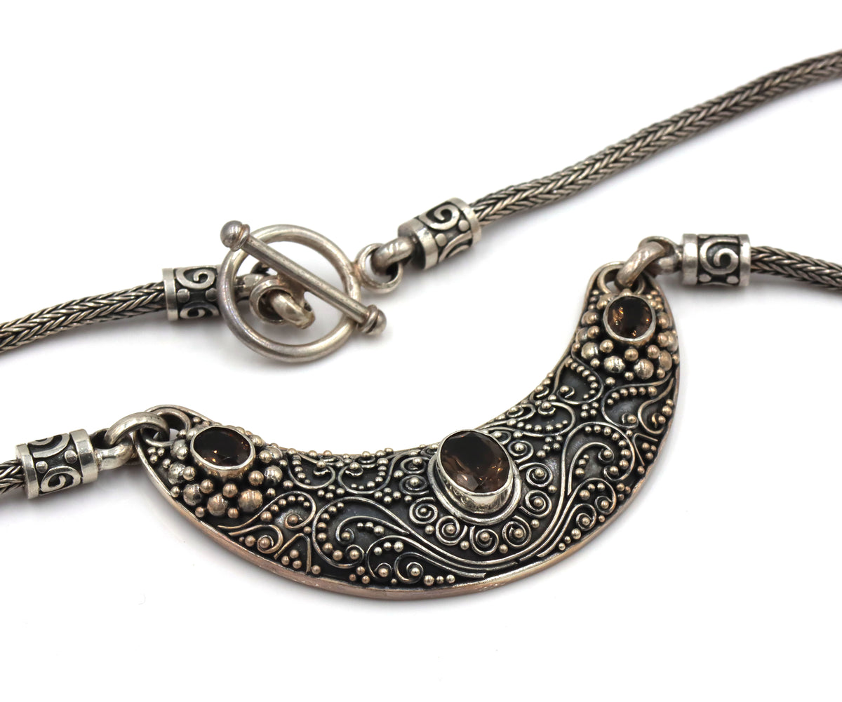Suarti Bali 925 sterling silver smokey quartz beaded scroll panel necklace