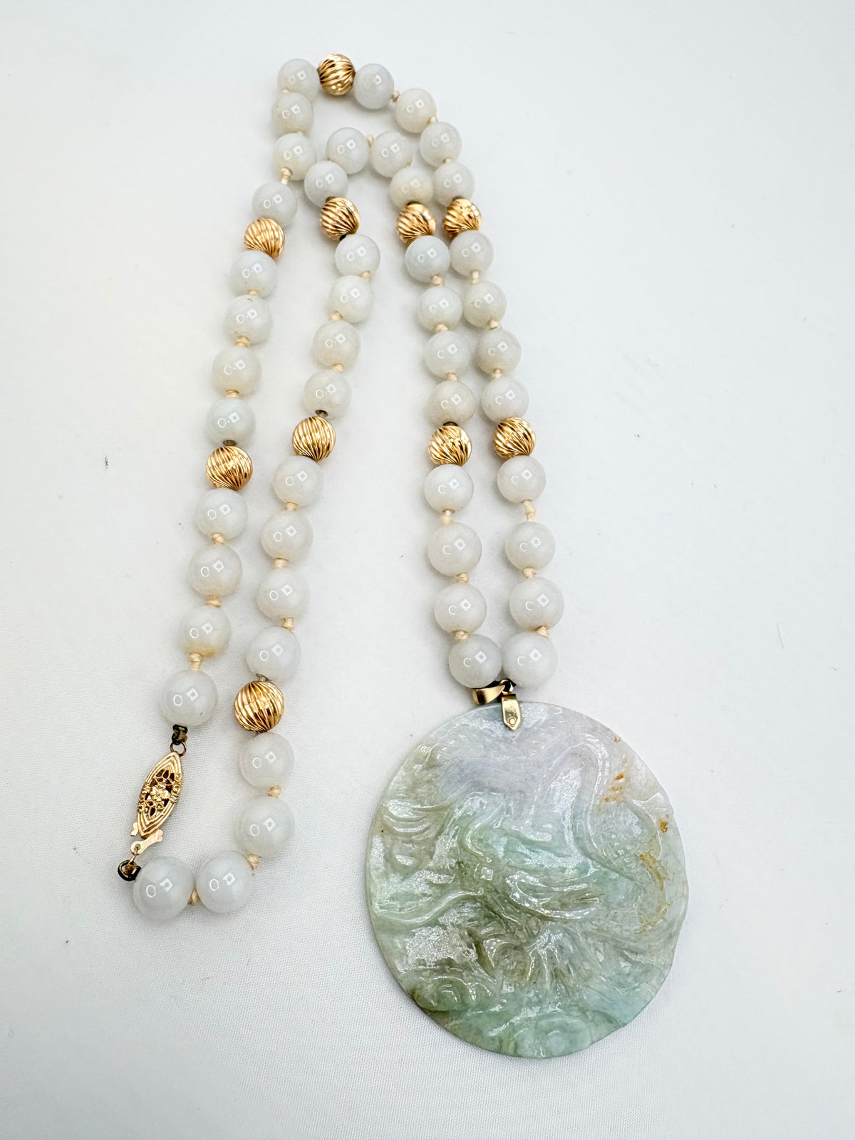 14KT Yellow Gold Vintage Light Green  Jade Accented With Textured Gold Balls Spacer And a Large Disk