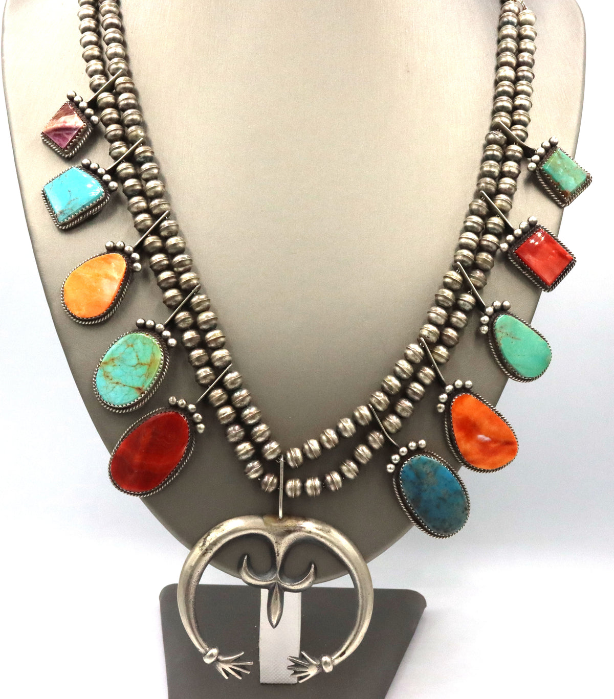 925 Sterling Silver Native American Navajo Squash Blossom Turquoise And Color Stones Necklace