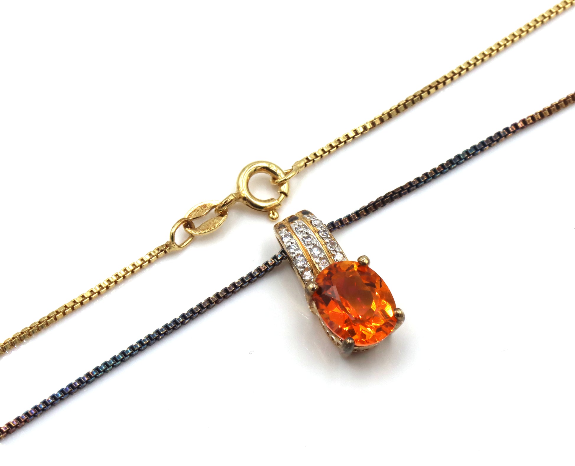 Set of 925 sterling silver orange stone pendant on Italian box chain necklace and matching ring