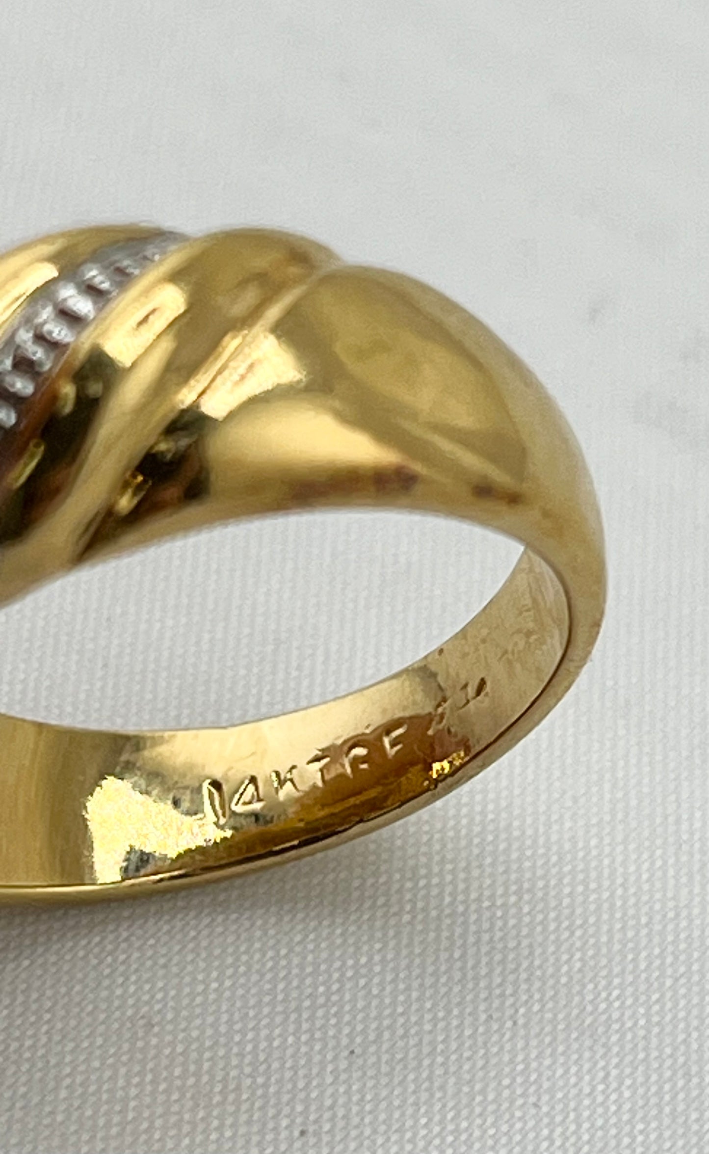 14KT Yellow Gold Two Tone Dome Twisted Braided Design With Rows Of Diamond Accent Ring