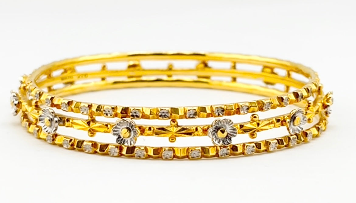22KT Yellow Gold Hand Made Set Of Three Gold And White Flower Motifs Bangles