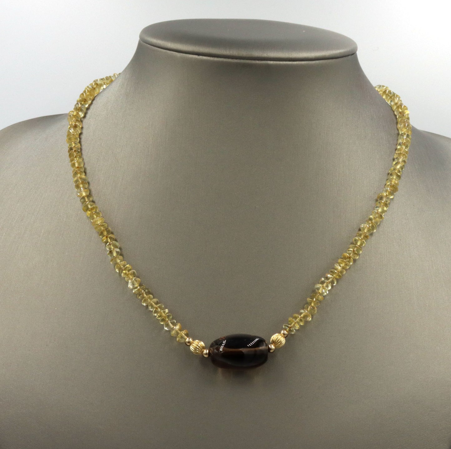 Smokey quartz pendant on citirne beaded necklace with 14kt yellow gold clasp