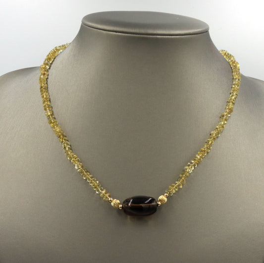 Smokey quartz pendant on citirne beaded necklace with 14kt yellow gold clasp